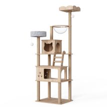 184cm Cat Tree With 11 Scratching Posts, 2 Cat Houses, 1 Transparent Space Capsule, Ladder, 2 Perches For Indoor Cats, Wooden, Mondeer