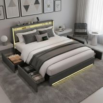 Bett 160x200 Cm Mit Stauraum Und Led - Leinenstoff-bezug - 4 Seitliche Schubladen - Integrierte Usb- & Typ-c-anschlüsse - Robustes Und Elegantes 