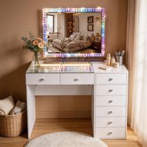 Fenchilin Tocador Con Iluminación Led, Intensidad Regulable, 8 Cajones, 120 X 81 X 55 Cm, Con Espejo De Maquillaje Incluido, Blanco
