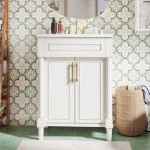 Lavabo 24 Pollici Con Lavabo In Ceramica Integrata, Mobile Contenitore Con 2 Ante, Lavabo Singolo Per Bagni Piccoli E Medi