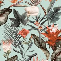Debona - Flora Duck Egg Wallpaper Floral Tropical Jungle Orange Green Natural