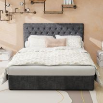 Lit Moderne Minimaliste Et Moelleux, Tête De Lit Confortable Et Douce, 140200cm, Gris, Meuble De Chambre Multifonctionnel, Sommier Coffre Haut Avec 