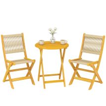 Salon De Jardin Ensemble Bistro 3 Pièces Table Ronde Et 2 Chaises Pliables Design Boho Bois D'Acacia Cordage Pp Naturel