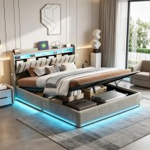 Foerpl-lit 160 X 200 Avec Sommier, Lit Coffre 160x200 Cm Avec Led Et Usb Lit Double 160x200 Avec Tête De Lit Avec Rangement, Lit Adulte Avec À Lattes 