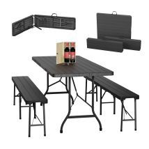 3-piece Folding Garden Furniture Set, Beer Benches With Large Table, For Marquees And Tents, Wood Look, Black - Relaxdays