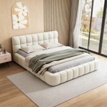 Lit 160x200, Lit Double, Lit Adulte, Lit De Sol, Lit Capitonné, Cadre De Lit Avec Tête De Lit, Sommier À Lattes, Lin, Beige