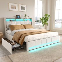 Letto Matrimoniale 140x200,letto Matrimoniale Contenitore,con Cassetti,led Regolabile E Ricarica Usb, Lino, Beige