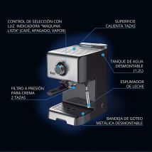 Cafetera espresso TM Electron 15 bares – Acero inoxidable – 1,2L – Espumador de leche – Control intuitivo