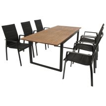 Rivello: Garnitur 7-teilig (6x Stapelsessel Aluminium + Kunstgewebe Schwarz, 1x Ausziehtisch 150/200x90cm, Stahl Anthrazit + Akazie Geölt, Fsc-