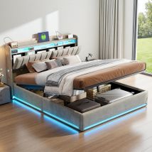 Letto Contenitore 140 X 200, Letto Idraulico Con Ripiani Aperti E Contenitore Nascosto Nella Testiera Imbottita, Letto Matrimoniale Con Led E Presa 