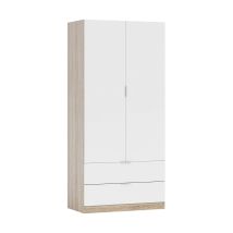 Kleiderschrank 2 Türen Burbank, Schlafzimmerschrank Mit 2 Schubladen, Schrank Mit Kleiderstange, 82 X 52 X 180 Cm, Weiß Und Eiche
