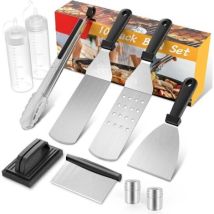 Ensemble D'Ustensiles Pour Plancha 10 Pièces – Acier Inoxydable – Spatules, Pince Et Grattoir – Accessoire Barbecue Pour Teppanyaki