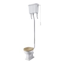 Milano Richmond White Ceramic Close Coupled Bathroom Toilet Pan Wc And High Level Cistern With Oak Effect Seat