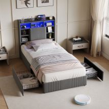 Cama 90x200 Cm Con Cajones, Cama 90x200 Con Led, Cama Para Adultos, Cama Individual, Cama Tapizada, Cabecero Con Almacenaje, Usb + Tipo C, Lino, Gris