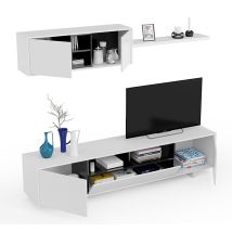 Mueble salón TV con 3 puertas y módulo superior – Estante colgante – Gris antracita / Blanco brillo