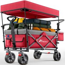Tresko Bollerwagen Faltbar Mit Dach Rot, Kühlfach & Seitenrollos Handwagen Max. Belastbar Bis 150kg Transportwagen Mit Vollgummireifen & 