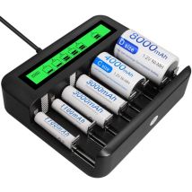 Universelles 8-schacht-lcd-ladegerät Für Wiederaufladbare Aa-, Aaa- Und Cd-batterien Mit 2-a-usb-anschluss Und Typ-c-schnellladefunktion