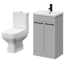 Turin Gloss Grey Pearl 500mm Floor Standing Vanity Unit And Toilet Suite With 1 Tap Hole Basin And 2 Doors With Matt Black Handles - Wholesale 