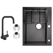 Cecipa Max - Fregadero De Cocina De Acero Inoxidable 60x45cm Lavabo Sobre Encimera Negro Antracita + Grifo De Cocina Con Ventana Negro Alto 355mm