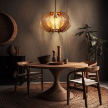 Nowa - Hängelampe Pendellampe Wohnzimmerleuchte Holzleuchte Esstischleuchte, Mdf Hanf Metall, 1x E27 Fassung, Dxh 34x150 Cm