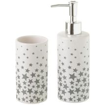 Wadiga - Set Accessori Bagno 2pz Ceramica Dispenser Sapone Porta Bicchieri Stelle Grigio