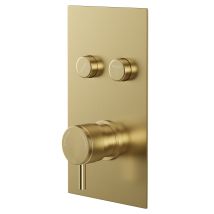 Round Brushed Brass Concealed Push Button Shower Valve With Half Knurled Control Handle - 2 Outlet - Colore