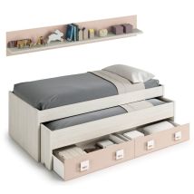Cama Nube Doble con Cajones y Estante – 190x90 cm y 180x90 cm – Blanco Alpes/Rosa – Capacidad 90 Kg