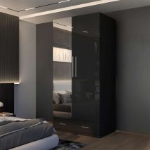 2 Door High Gloss Hinged Wardrobe With Mirror Drawers And Storage - Black 90cm
