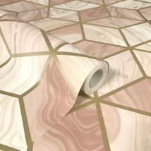 Rasch - Marble Cube Diamond Geometric Holden Decor Hexagon Silver Pink Lilac Wallpaper[full Roll - Marble Cube Blush 248951]