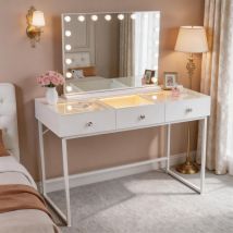 Fenchilin Tocador Con Iluminación Led, Espejo De Maquillaje Con Luz Led, Tres Niveles De Iluminación, Intensidad Regulable, Tocador Con 3 Cajones, 115