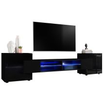 Extreme Furniture, Vitrines Murales Bridge V1, (lxhxp): 230 X 52.5 X 35, Partie Centrale En Noir Mat, Côtés En Noir, Portes Brillantes, Led Bleues