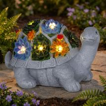 Luce Solare Tartaruga Da Giardino Figura Luce Decorativa Da Giardino Grigio Fiori Colorati Balcone, Ip44, Batteria Ricaricabile, Plastica, 1x Led, 