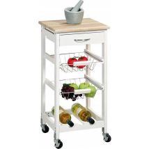 Desserte de cuisine – 36x36x77 cm – Blanc laqué – 3 niveaux, étagère à vin, paniers fruits – Kesper