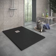 Mineralguss-duschwanne Extra Flach Sierra Schieferoptik Schwarz 90x150 Cm Ablaufschutz In Chrom