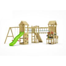 Aire de jeux XXL – Toboggan vert 2,2 m – 2 balançoires – Mur d'escalade – Bois de pin FSC – THEGOODGARDEN