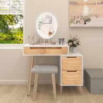 Dressing Table, Vanity Table Set, With Dimmable Led Light Mirror, Cushioned Stool, Cabinet, Wood, Bedroom Living Room, Home Furniture