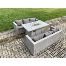 6-sitzer Polyrattan Gartenmöbel Set Mit 2 Sofa, Gas Feuertisch Outdoor Terrassen Essgruppe Helles Grau - Fimous