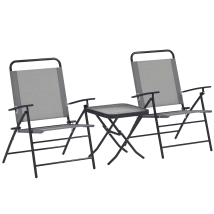 Set Da Giardino Con Tavolo Con Piano In Vetro E 2 Sedie Pieghevoli Con Schienale Regolabile, Grigio