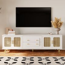 Modfu - Mueble Tv - 2 Cajones 4 Puertas - 175x38x55,5cm - Apto Para Tv De 79 Pulgadas - Aglomerado - Colores: Blanco Y Natural