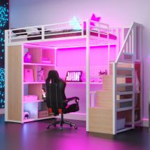 Lit Mezzanine En Métal, Avec Penderie Et Compartiments De Rangement, Échelle, Bureau Avec Prises Électriques Européennes, Tôle Perforée Et Bande 