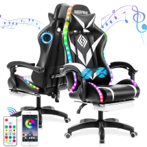 Rgb Gaming Chair With Bluetooth Speakers, Led Lights, Ergonomic Massage Computer Gaming Chair Pu Leather With Footrest High Back, Lumbar Support, 