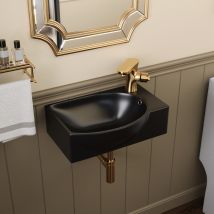 Deervalley – Vasque Lave Mains Murale 305×240 Mm – Céramique Noire Mate – Cuve À Gauche Avec Trou Robinet – Design Compact Pour Petits Espaces
