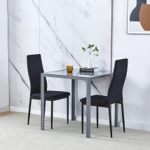 Niceme - Dining Room Set, Grey Glass Dining Table With Chairs, 75x75 Cm Square Glass Table And Chairs For Small Room (table With 2 Chairs, Black Linen
