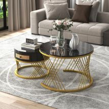 Runder Couchtisch, 2-in-1-set, Schubladen Aus Kunstrattan, Hochwertige Faserplatte, Geeignet Für Wohnzimmer, Büro, Balkon, Maximale Tragkraft 50 Kg, 