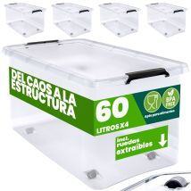 Caja Almacenamiento Plástico Transparente Resistente Capacidad 30 Ó 60 Litros Organizador Con Tapa 4 Ruedas Libre De Bpa Contenedor Apilable 4x 60l (