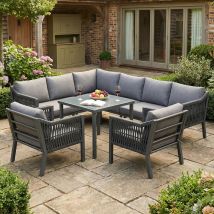 Set Da Pranzo Da Giardino Grigio A 8 Posti, Mobili Da Giardino, Tavolo E Sedie Da Esterno, Divano Angolare, Tavolo In Vetro Temperato, Acciaio Zincato
