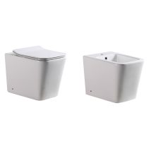 Coppia Sanitari Squadrati A Pavimento Set Vaso Wc Bidet A Terra Ceramica Mod. Ideal