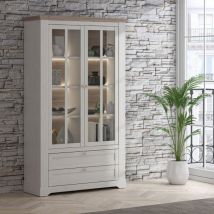 Vetrina Forma Con 2 Cassetti E 2 Ante Con Vetro E Con Luce Integrata Colore Rovere Neve E Piano Olmo Scuro