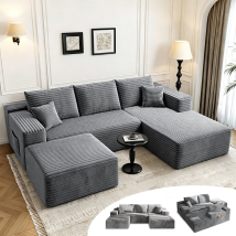 Canapé D’angle 4 Places Avec Fonction Lit, Canapé Modulable En L Pour Salon, Convertible Moderne Avec 5 Coussins, 274l X 175p X 64h Cm, Gris