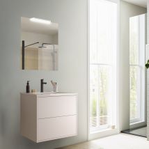 Mueble De Baño Suspendido De 60 Cm En Madera Blanco Satinado Con Lavabo De Porcelana - Olympus - 60 Cm Con Doble Columna Espejo Y Lámpara Led
